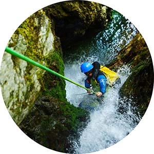 Extreme sliding, rappelling and jumping while Soča canyoning. Click to see more canyons.